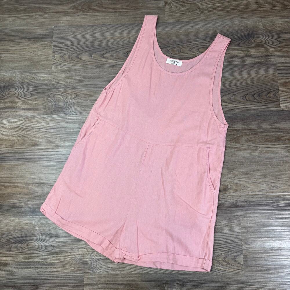 Zenana Pink Linen Blend Romper with Pockets  Women's Medium